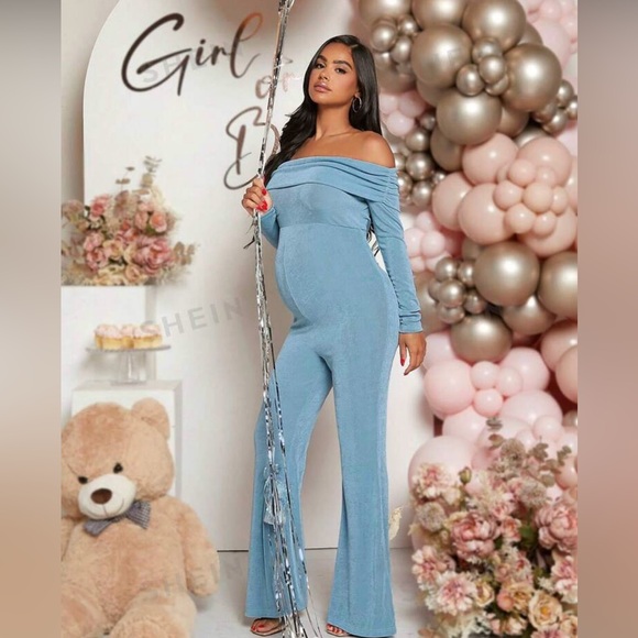 Maternity off the shoulder flare leg jumpsuit - Picture 3 of 6